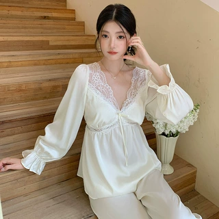 2025春季新款睡衣女色丁长袖法式性感蕾丝甜美公主可外穿家居服