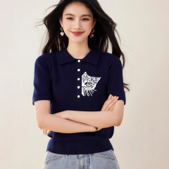 R4042ブランドメーカー猫polo襟半袖ニット女性2025新夏上着修身
