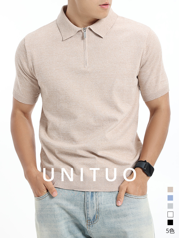 Europa y los Estados Unidos transfronterizos hombres semi-cremallera de punto correa de algodón collar polo camisa de manga corta de alto nivel ligera de negocios ropa casual para hombres