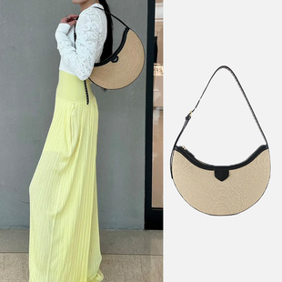 Straw Leather Trim Raffia Shoulder Bag Straw Crescent Bag High-End Casual Shoulder Underarm Crossbody Handbag
