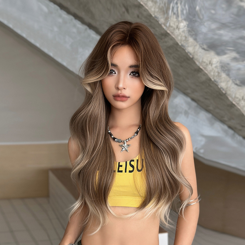 Summer New Cross-Border Hot-Selling Wig for Women with Long Curly Hair, Middle-Parted Honey Tea Brown Gradient Synthetic Hair Wholesale