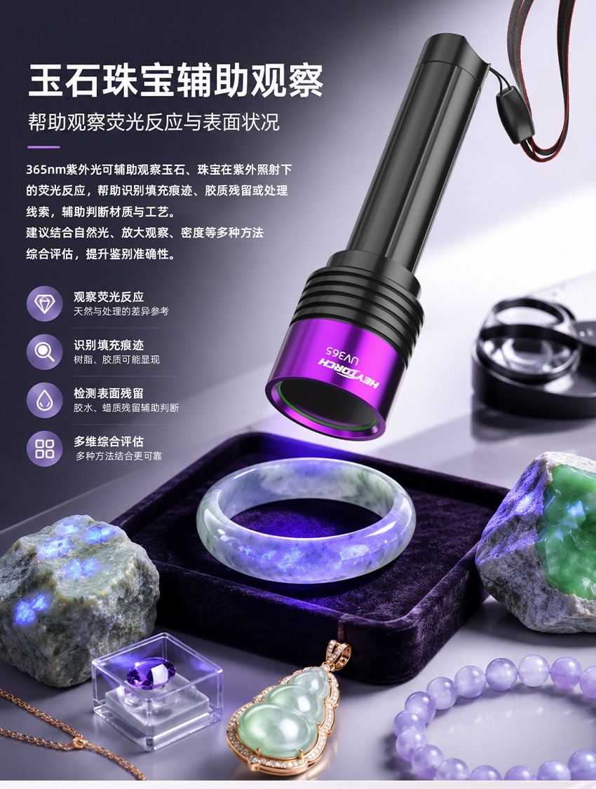 New UV purple light flashlight for identification and detection, high-power 365nm ultraviolet light for pet identification and money detection