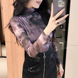 2025新款半高领网纱打底衫内搭流行女士纱衣t恤上衣长袖