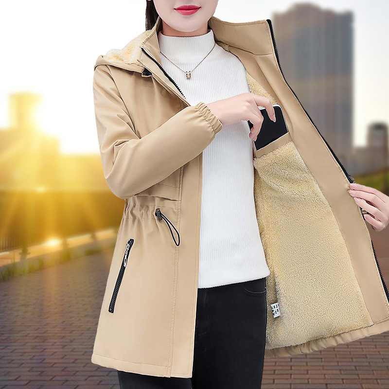 Velvet Thickeneded Windbreaker Jacket for Women Autumn and Winter 2025 New Loose Windproof Warm Mid-Length Hooded Jacket