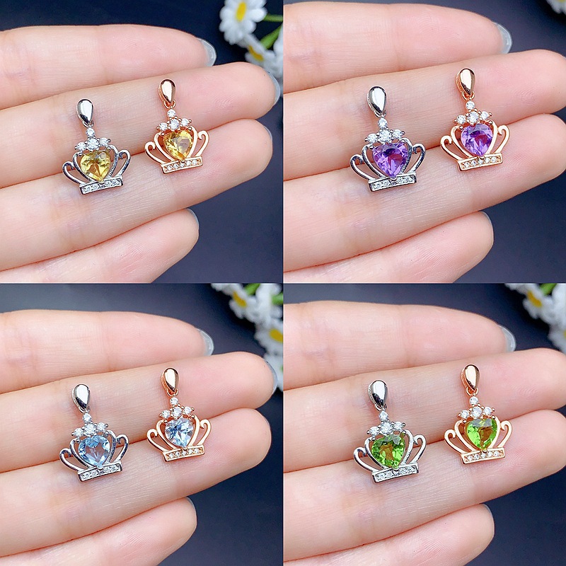 S925 Sterling Silver Heart-Shaped Gemstone Pendant European and American Retro Crown Pendant Trendy Jewelry Wholesale Fashion Accessories