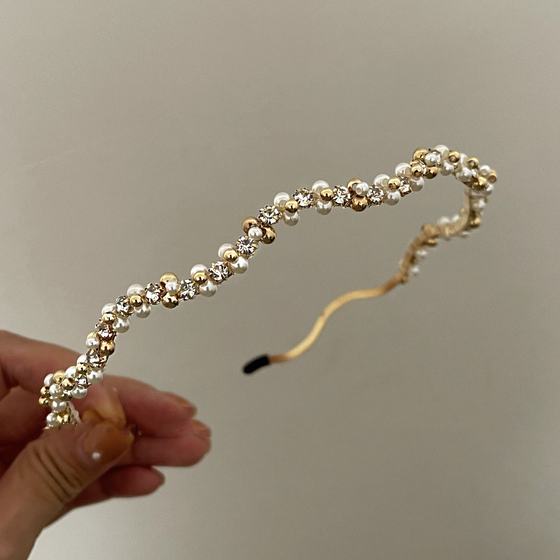 Bandeau de lavage du visage rétro de luxe léger et simple avec perles de zircon françaises, superbe et haut de gamme_voghion.com