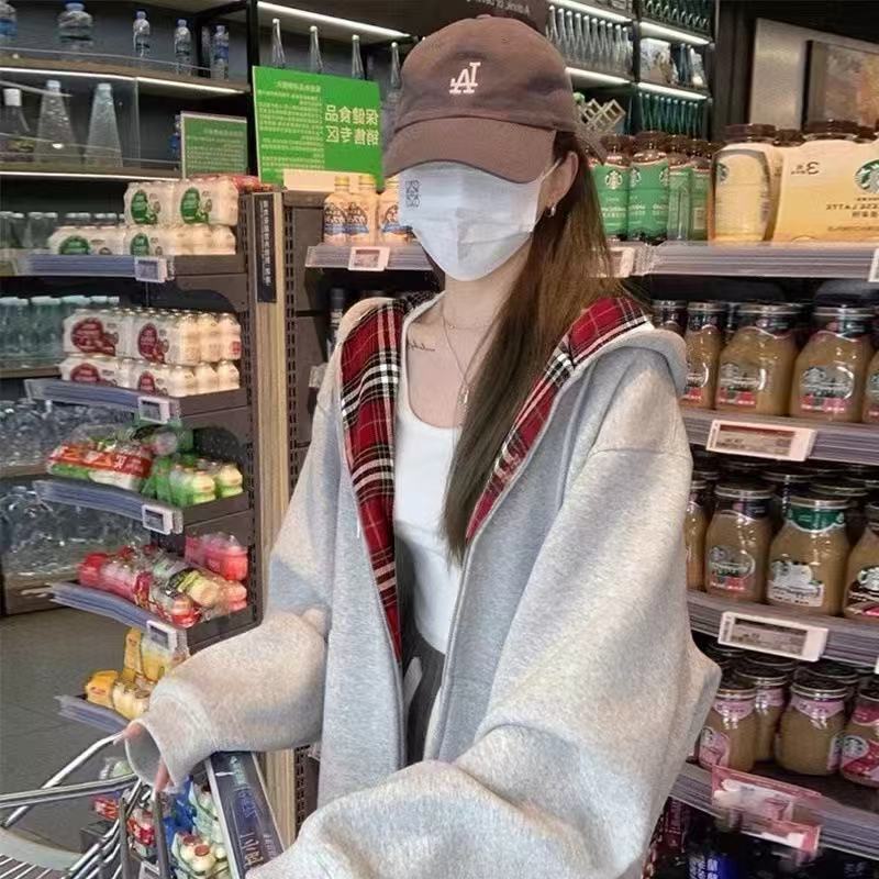 American Retro Plaid Hooded Sweatshirt for Women, Spring and Autumn Oversize Thin Jacket, Loose and Lazy Style Cardigan Top American Retro Plaid Hooded Sweatshirt for Women, Spring and Autumn Oversize Thin Jacket, Loose and Lazy Style Cardigan Top
