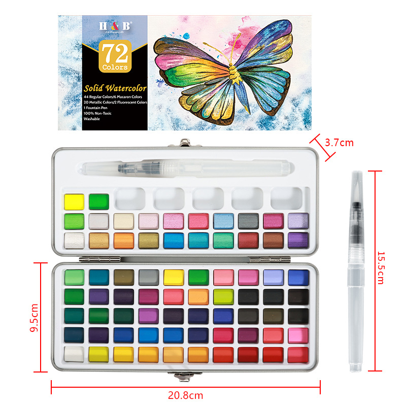 Transfronterizo 50 colores 72 colores 90 colores 100 colores sólido acuarela pintura traje de metal nacarado caja de hierro arte pintura