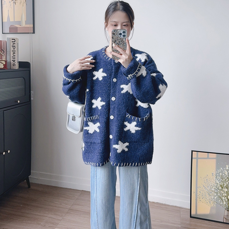 重工宽松慵懒风毛衣外套秋冬季新款女装圆领星星设计感针织开衫潮|undefined