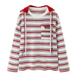 现货2026春新款甜美撞色红白条纹绳结帽针织衫RK10601027