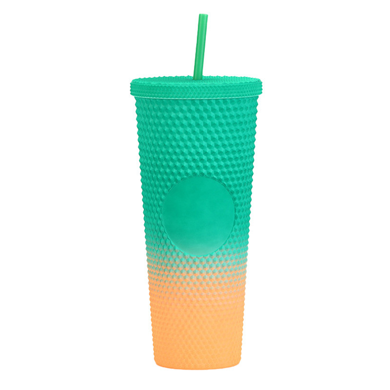 二層プラスチックストローカップ大容量クリエイティブ 710 ミリリットルドリアンカップハンドカップ発光変色レインボーグラデーションカップ|undefined