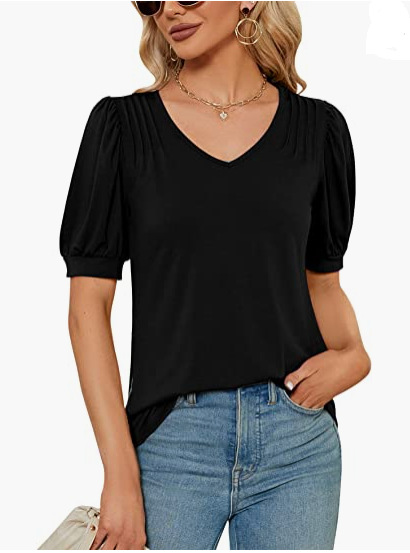 Amazon European and American Cross-Border Women's Summer Women's V Neck Puff Sleeve Pleated Top T-Shirt Pleated European and American Same Style