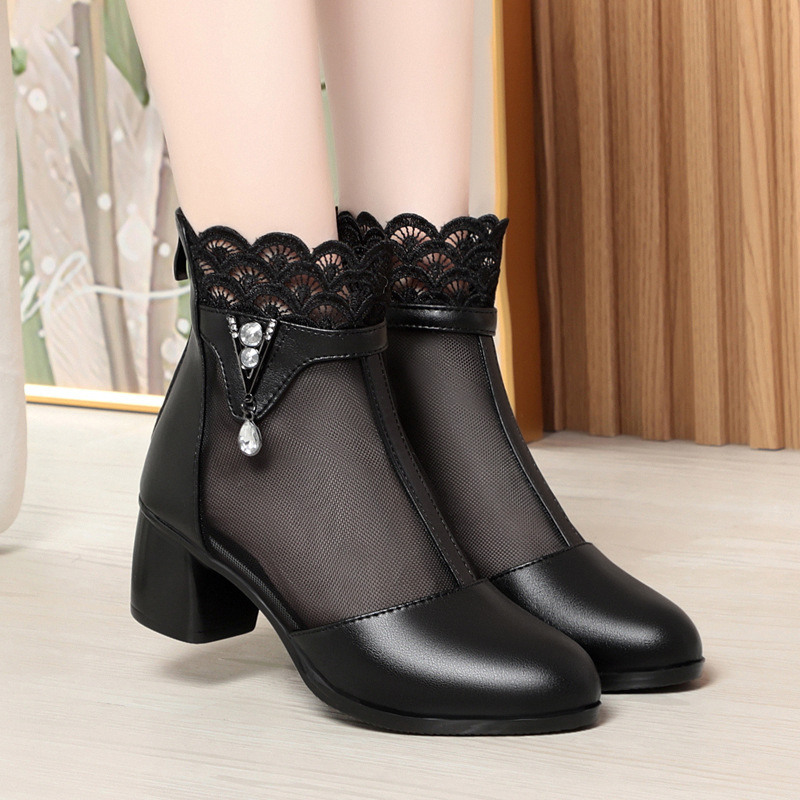 Giày sandal cao gót nữ hở mũi da thật lưới thoáng gót thô — Đen/kiểu hở mũi