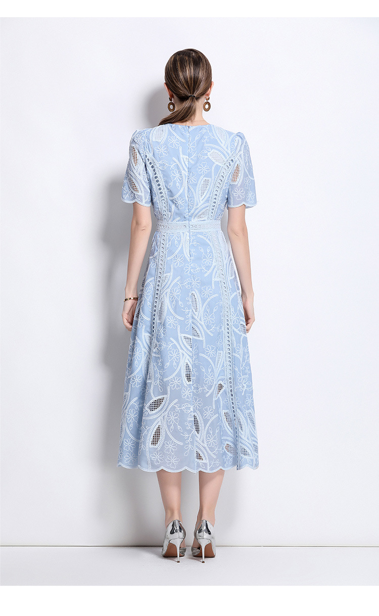 Đầm maxi nữ thắt eo cổ điển Pháp ren thêu họa tiết tay ngắn — màu đen, xanh nhạt, màu hồng, Xanh da trời nhạtcolor chi tiết 10