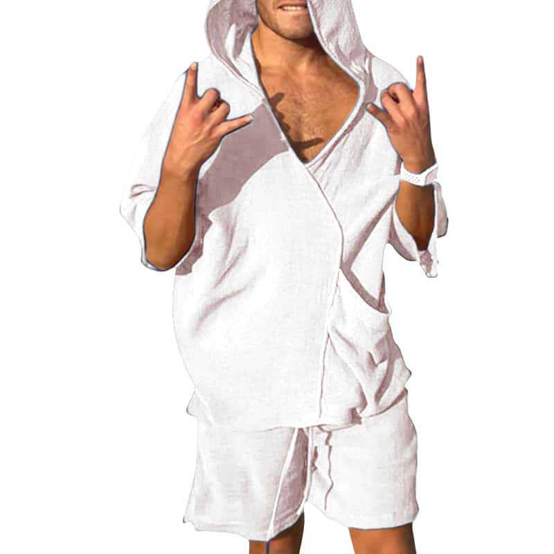 Herren-Freizeit-Set Frühjahr 2025: Lockeres Hemd, einfarbig, Kurzarmshorts, zweiteiliger Kapuzenpullover_voghion.com