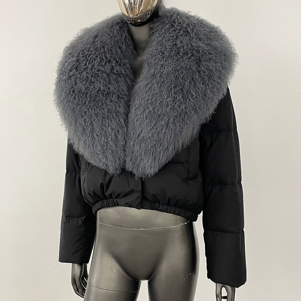 Down jacket Elite, velvet‑woolen shell, white duck down fill, detachable lamb‑wool collar