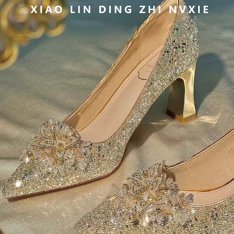 Xi Yan Crystal Wedding Shoes for Women 2025 New Gold Xiuhe Main Wedding Dress Two-Wear Bridesmaid High Heels Bridal Shoes Wholesale