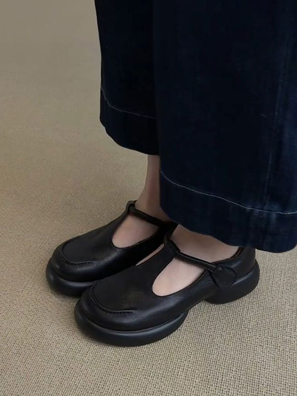 2025年新款复古简约圆头厚底玛丽珍鞋女士通勤百搭黑色小皮鞋单鞋|undefined