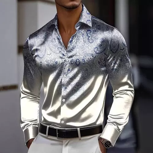 2025年年夏威夷印花长袖衬衫  男欧码长袖仿醋酸沙滩夏威夷衬衫