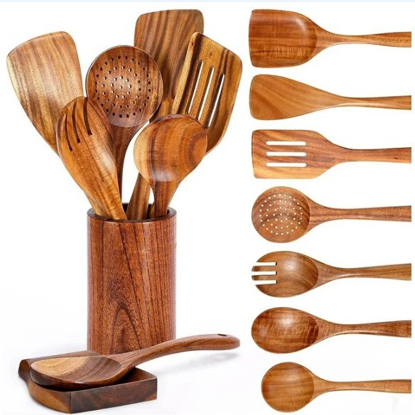 ✅ Amazon Acacia set de sopa de madera no pegajosa, pala de verduras, ensalada de cocina casera, tenedor de sopa de fuga