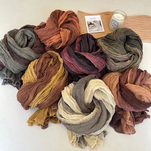 Japanese literary fresh retro gradient color long cotton and linen scarf shawl fashionable versatile pleated multi-color scarf for women
