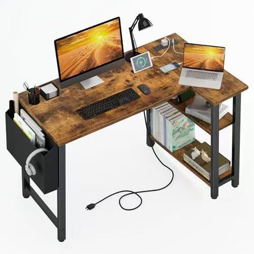 Wholesale American corner computer desk retro small L-shaped desk with power socket rack