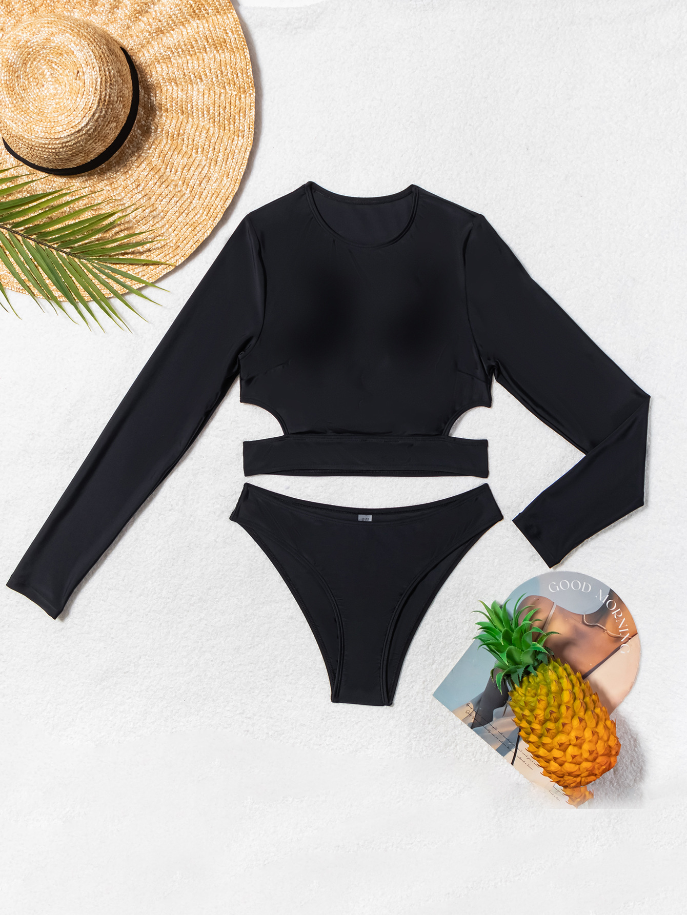 High Waisted Long Sleeved Bikini Set For Women Solid Colour_voghion.com