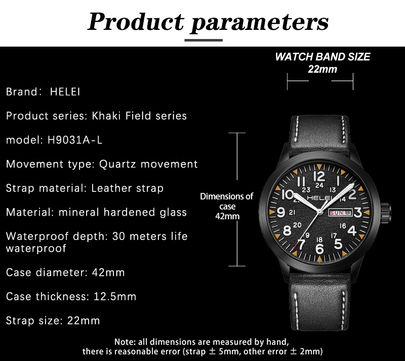 New Brand HELEI Men's Watch Genuine Leather Waterproof Luminous Wrist Watch Quartz Watch Calendar Week Display_voghion.com