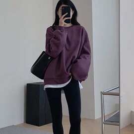 绒厚无帽紫色卫衣女秋冬2024新款小个子中长款遮屁股宽松上衣