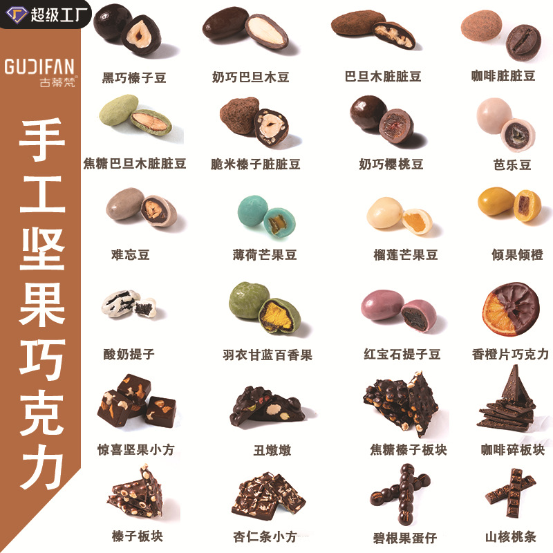 坚果巧克力豆源头厂家碧根果巴旦木纯可可脂脏脏豆样品20g