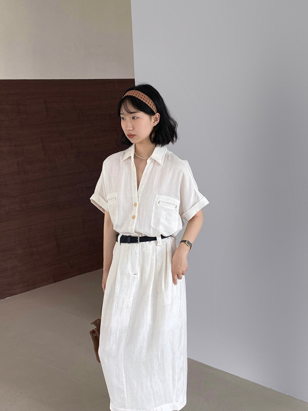 江左オールドマネースタイルスカートリネン女性の夏のハイエンド半袖ドレス女性の夏のロングスカートベルト 1606|undefined