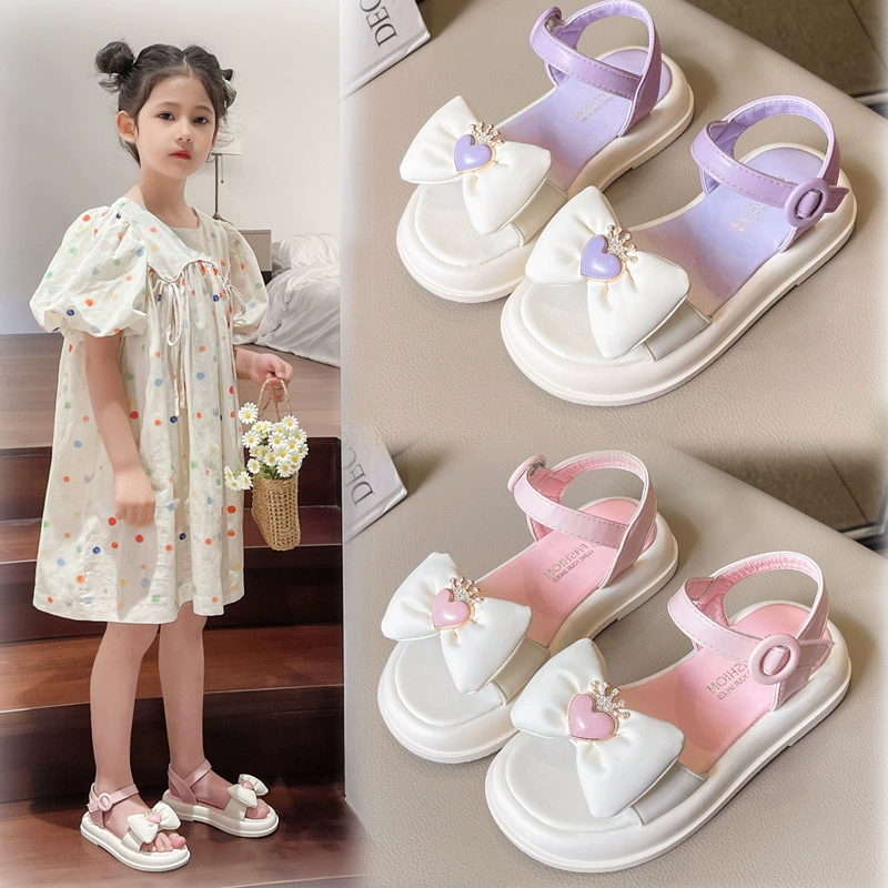Сандалии для девочек 2024 летний новый детский бант любовь принцессы обувь градиент студенческая обувь нескользящая пляжная обувь