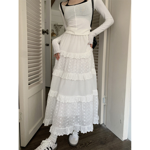 White skirt for women's summer high-waisted skirt cake skirt gentle style long skirt design niche hook flower skirt