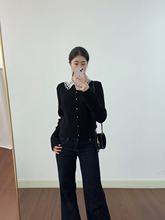 2025M家温柔甜美百搭可拆卸珍珠领针织螺纹长袖开衫上衣250342