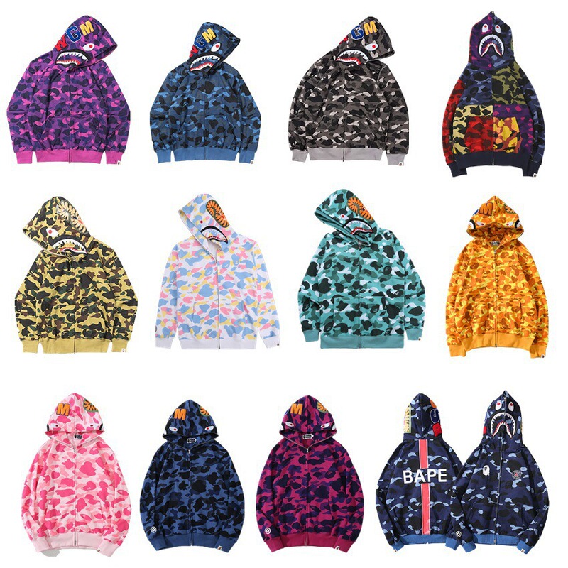 Trendy BAPE Sweater Men's and Women's Shark Ape Head Camouflage Sweater Zipper Hooded Cardigan Factory Wholesale