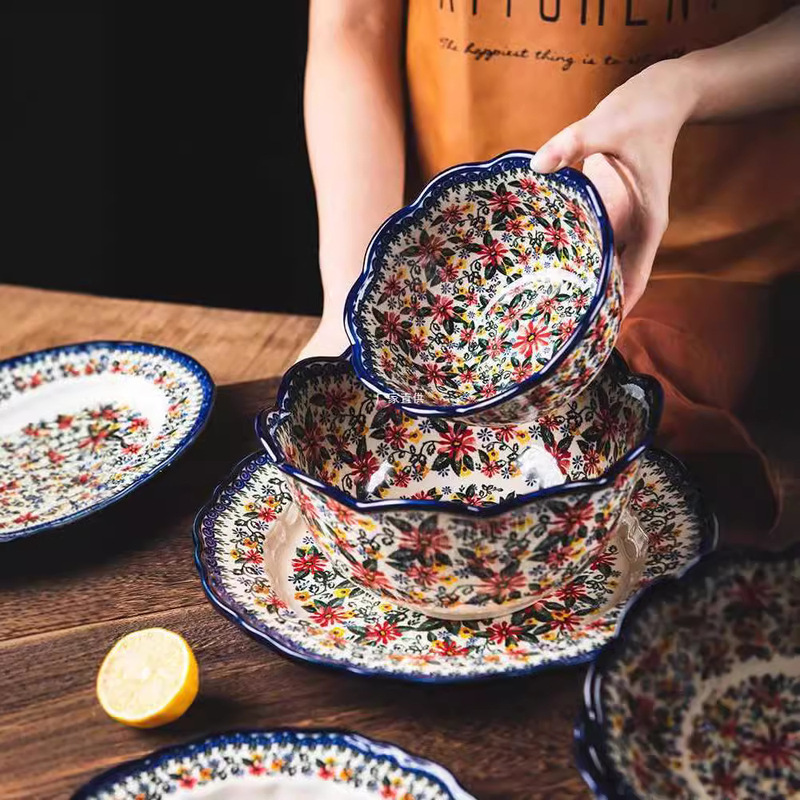 Exotic Daisy Polish Ceramic Tableware Household Creative Dishes suit Japanese Rice Bowl Binaural Noodle Bowl Soup Bowl Plate