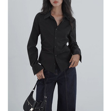 黑色修身衬衫女秋季基础款简约翻领显瘦通勤长袖上衣2025新款女装