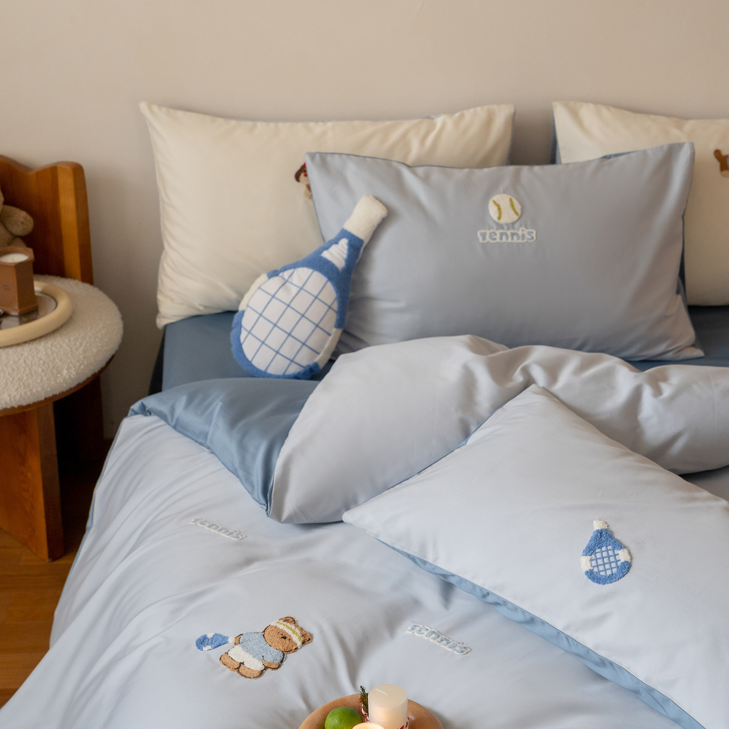 Fresh and Simple Cotton Fabric Blue and White Checkered Tennis Racket Towel Embroidery Cute Cartoon Children's Room Decoration Four-Piece Set