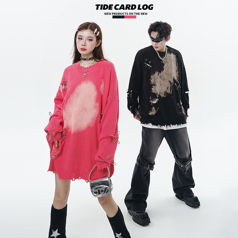 TIDE CARD LOG | Otoño e invierno de la calle de diseño de moda se desvaneció pin ripped pareja cuello redondo suéter Suelto