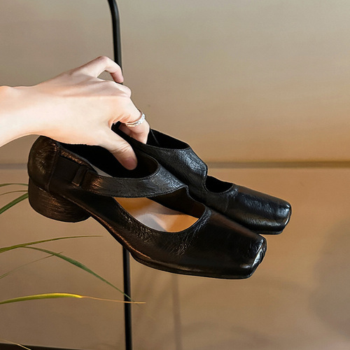 Grape Mama Studio Lee High-Grade Leather Patent Square Toe Block Heel Soft Face Women's Autumn High Heel Single Shoes