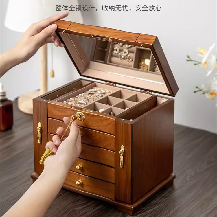 実木高級ジュエリーボックスイヤリングネックレス指輪レトロ収納ボックスアクセサリーロック付き引き出し木製ジュエリーボックス|undefined