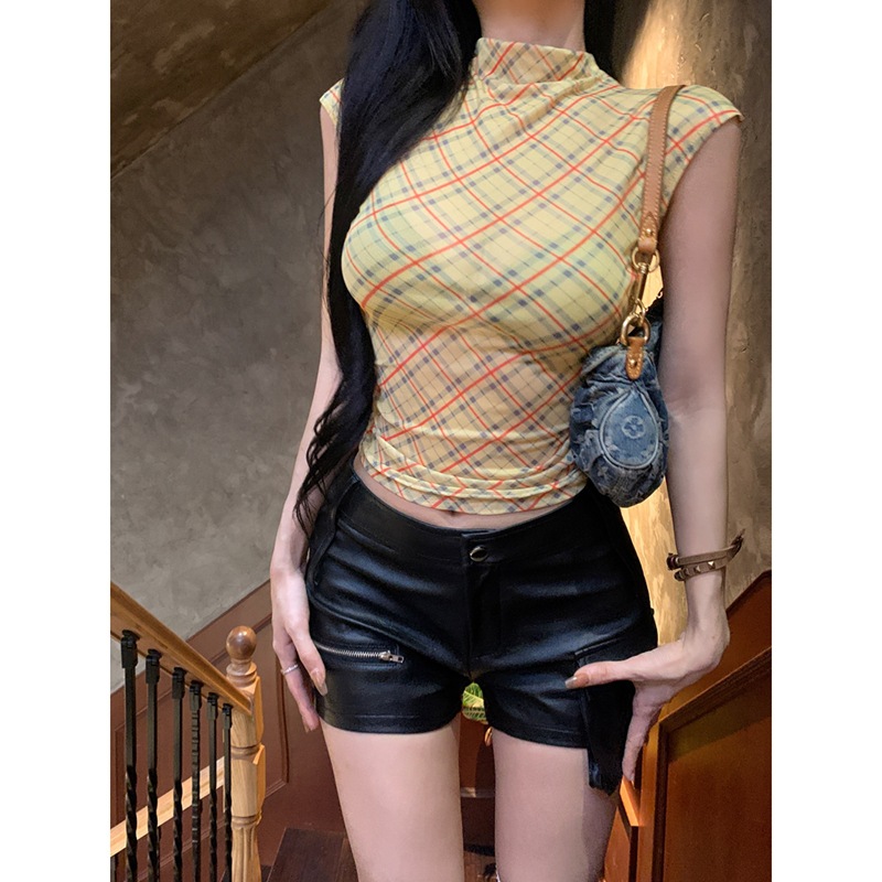 반 높이 칼라 반팔 티셔츠 여성 여름 2025 아메리칸 스타일 핫 걸 배꼽 쇼트 탑 틈새 디자인 센스 체크 티셔츠
