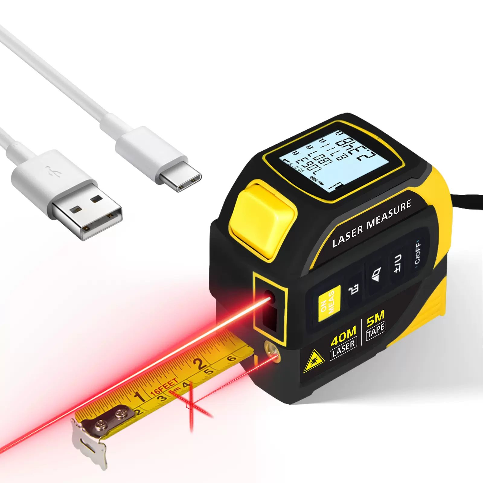 厂家直销四合一激光卷尺跨境英文版十字标线测量仪锂电激光测距仪
