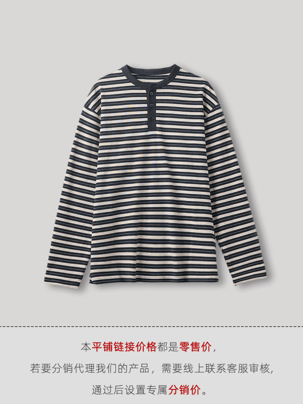 APO | クロスボーダーストライプ長袖メンズTシャツトレンディブランドルーズラウンドネックヘンリーネックインナートップボトリングシャツ男性用|undefined