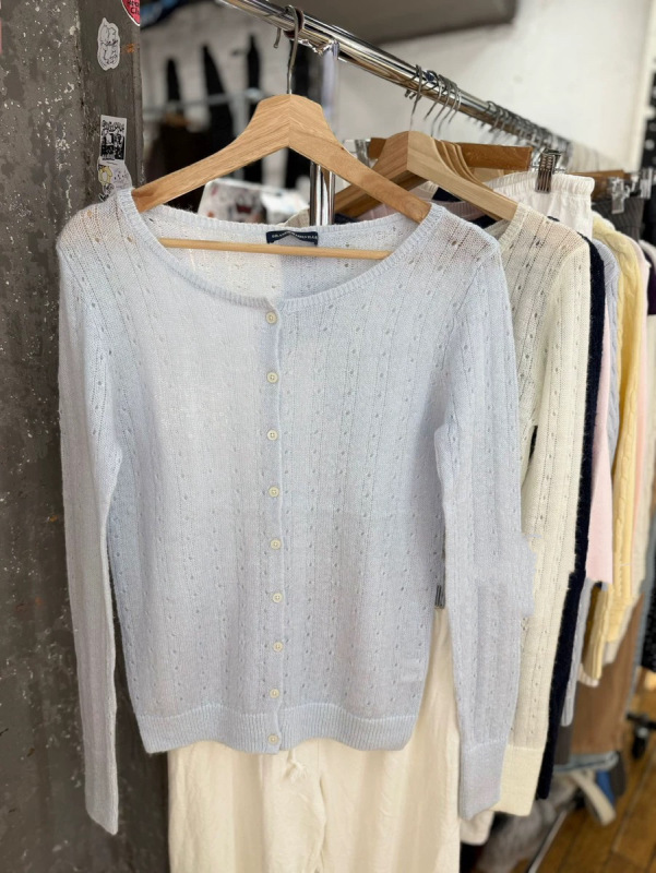 Bm Style Light Blue Round Neck Cut Out Knitted Cardigan Top for Women Bm Thin Button Sweater Jacket Versatile Sun Protection Bm Style Light Blue Round Neck Cut Out Knitted Cardigan Top for Women Bm Thin Button Sweater Jacket Versatile Sun Protection