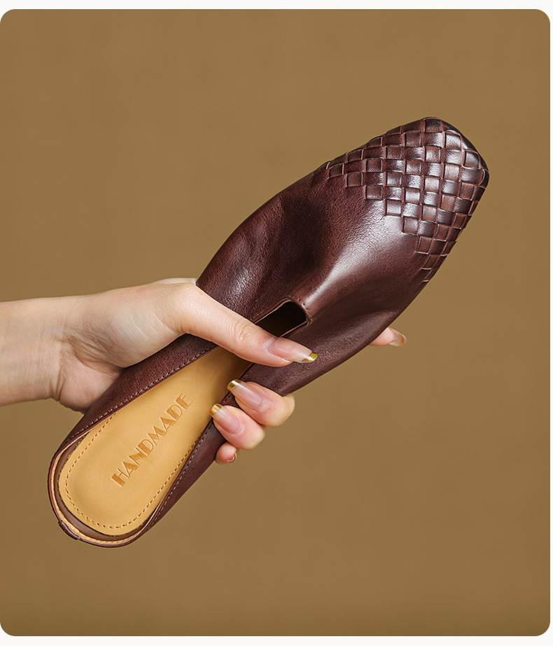 Giày mule nữ da bò mũi vuông miệng nông đế bệt — màu nâu chi tiết 4