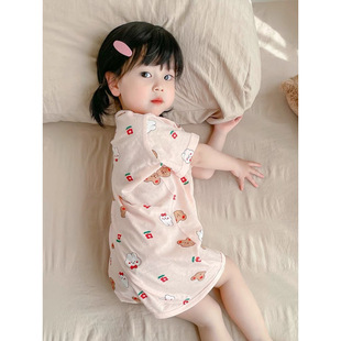 Sleeping Bag Children's One-Piece Ice Silk Pajamas Girls Nightgown Baby Short-Sleeved Air-Conditioned Nightgown Summer