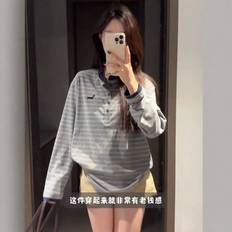 美式复古纽扣领条纹长袖t恤女秋季撞色拼接宽松显瘦百搭情侣上衣|undefined