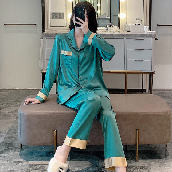 Ice Silk Pajamas Women's Spring and Autumn Thin Long Sleeve Pants Two-piece Suit New Summer Home Clothes 1087
