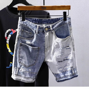 2025 Spring/Summer New Trendy Men's Five-Point Shorts Washed Distressed Patched Paint Slim Fit Patchwork Denim Shorts for Men
